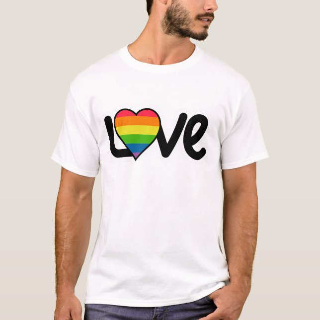 LOVE Typography LGBTQ Rainbow Heart Pride Month T-Shirt (Front)
