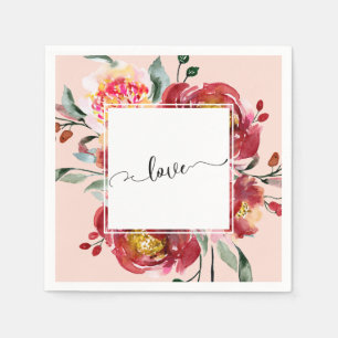 Love Typography over Red Floral Bouquet & Blush Napkin