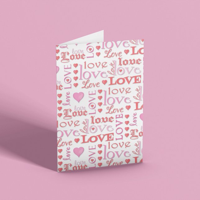 Love Typography Pattern Valentine’s Day Holiday Card (Valentine’s Day greeting card with pink love typography pattern and romantic hearts design.)