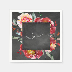 Love Typography Red Floral Bouquet on Chalkboard Napkin