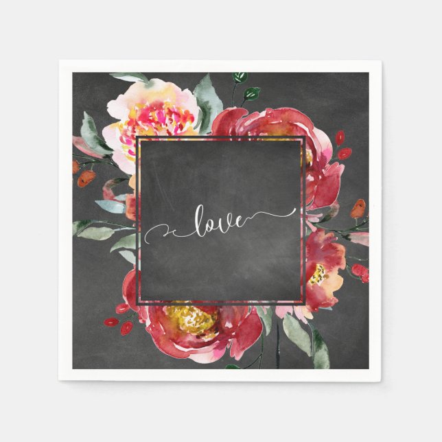 Love Typography Red Floral Bouquet on Chalkboard Napkin (Front)