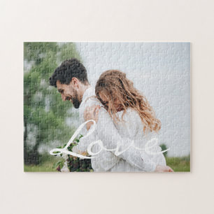 LOVE typography script custom wedding couple photo Jigsaw Puzzle