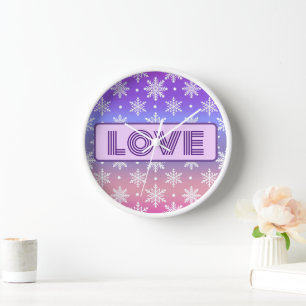 LOVE Typography Snowflakes Purple  Clock