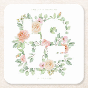LOVE Typography with Watercolor Roses and Greenery Square Paper Coaster