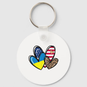 Love Ukraine Usa American Flag Heart Leopard Women Key Ring