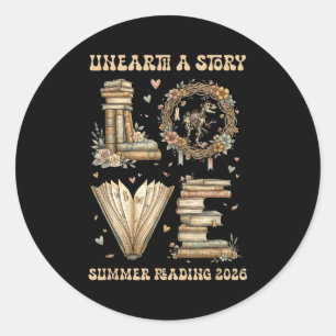 Love unearth a story summer reading 2026 dino classic round sticker