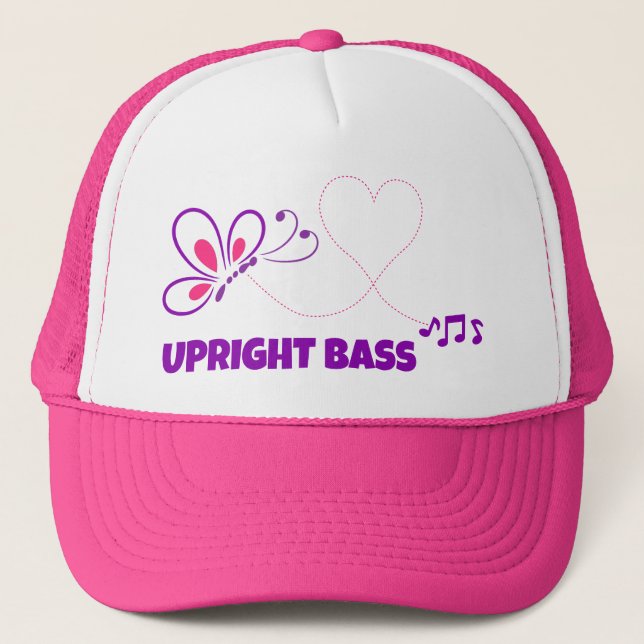 Love Upright Bass Pink Purple Butterfly Heart Trucker Hat (Front)