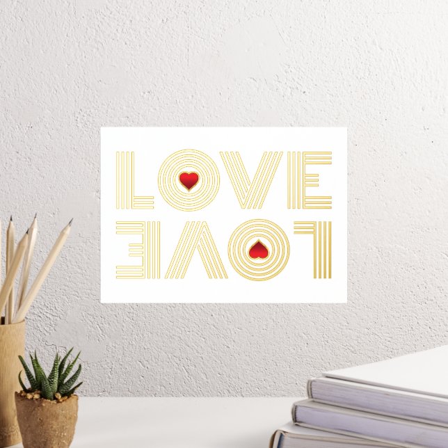 "LOVE" Upside down word and red hearts Foil Prints (In Situ (Desk 3))
