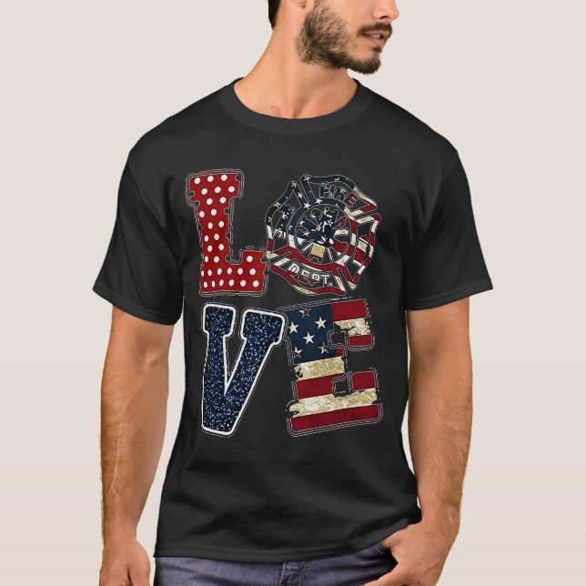 Love USA Firefighter American Flag 4th July Thin R T-Shirt (Front)