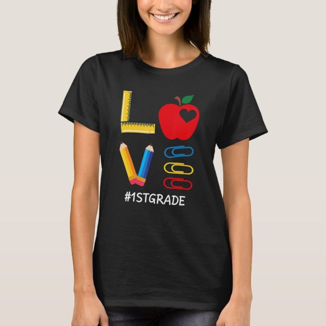 LOVE Valentines Day Apple Crayon 1st Grade Teacher T-Shirt (Front)