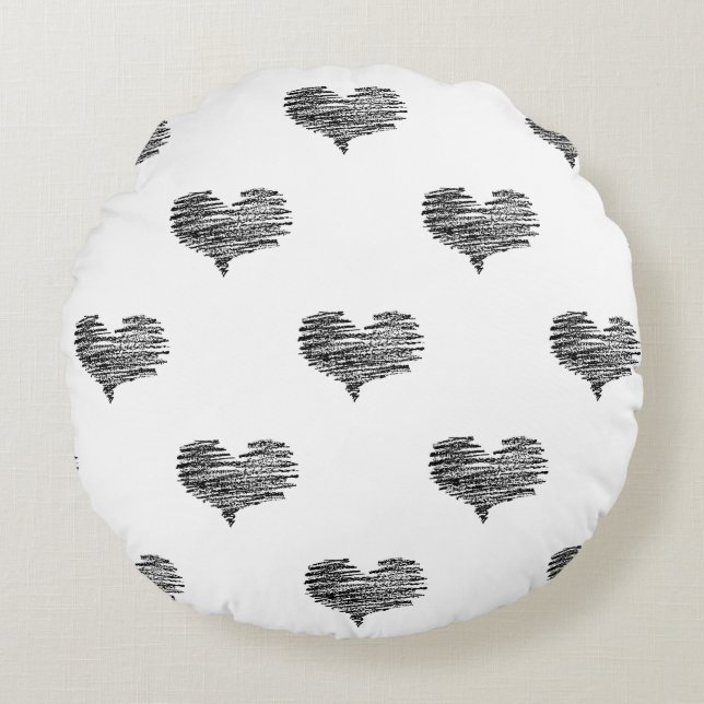 Love Valentine's Day Black Heart Sketch Round Cushion (Front)