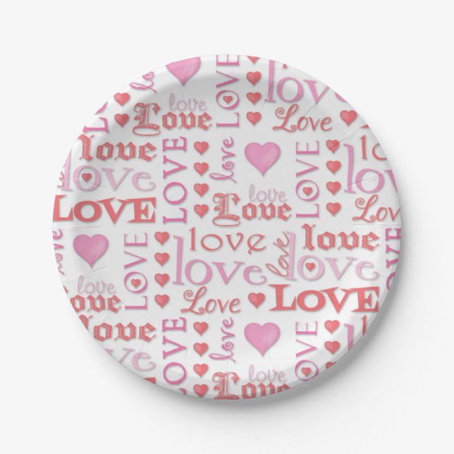 Love Valentine's Day Hearts Typography Red Pink Paper Plate (Front)