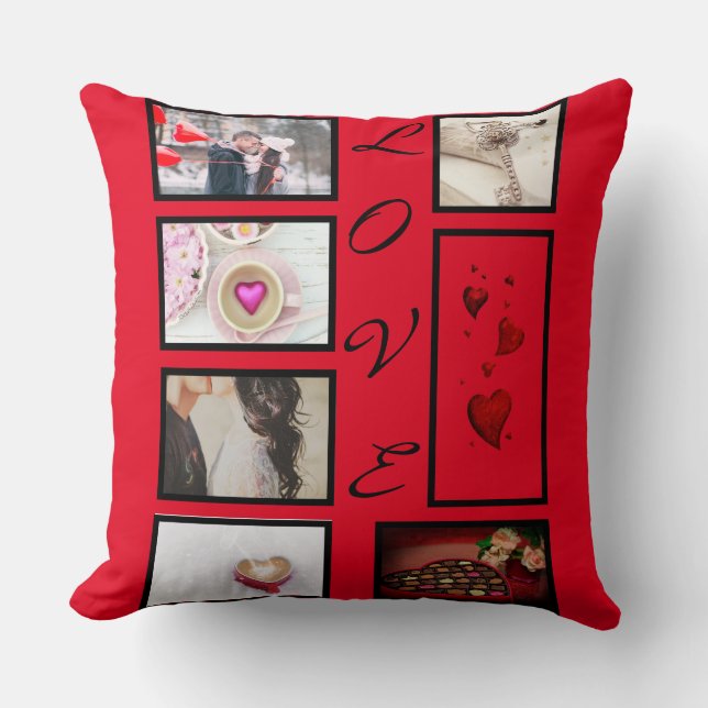 LOVE Valentines Day Red Hearts Photo Collage Cushion (Front)
