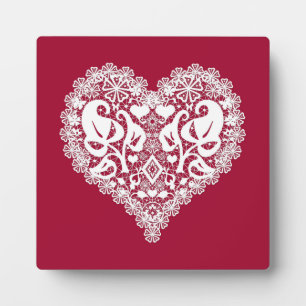 Love Valentines Day white lacy lace heart red back Plaque