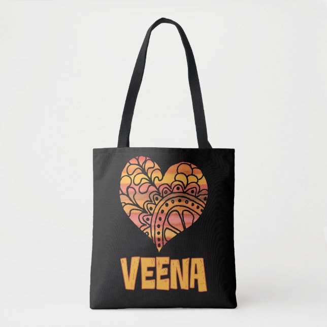 Love Veena Orange Mandala Heart Indian Music Tote Bag (Front)