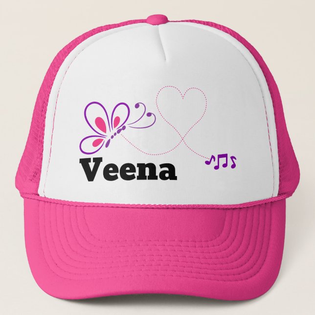 Love Veena Pink Purple Butterfly Heart Trucker Hat (Front)
