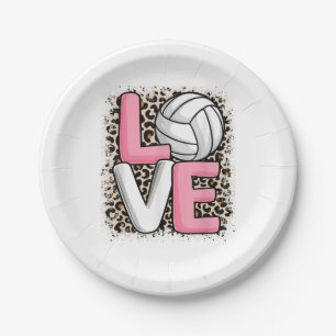 Love Volleyball Leopard Print Women Girls Volleyba Paper Plate