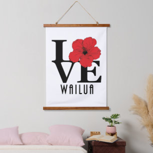 LOVE Wailua Hawaii Red Hibiscus Hanging Tapestry