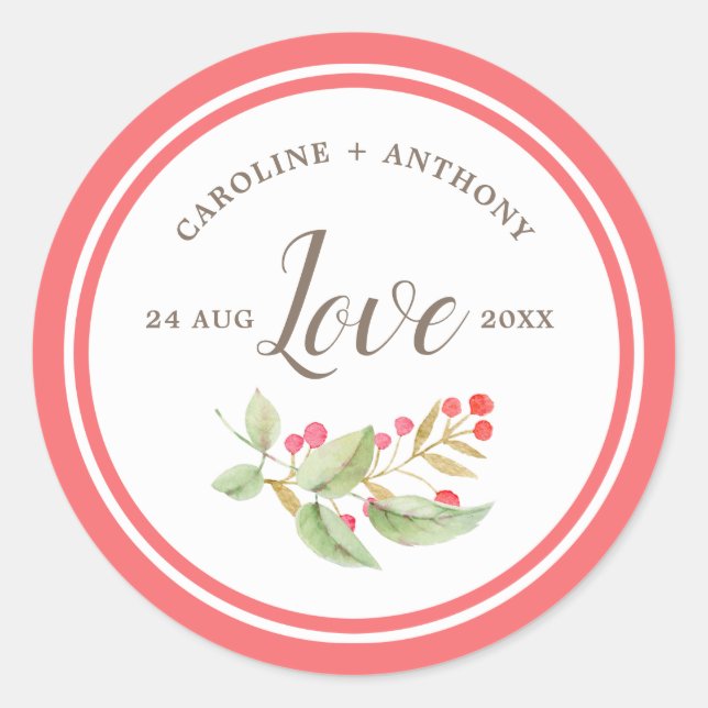 Love. Watercolor Berry Branch Wedding Classic Round Sticker (Front)