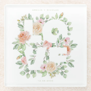 LOVE Watercolor Roses and Greenery Wedding Glass Coaster