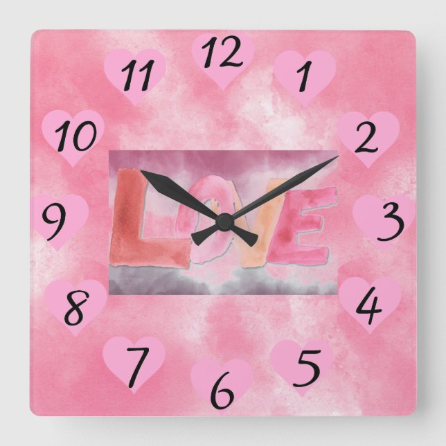 Love:WaterColor Square Wall Clock (Front)