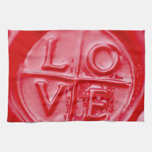 LOVE wax seal, Valentine, red, glossy, kitchen Tea Towel