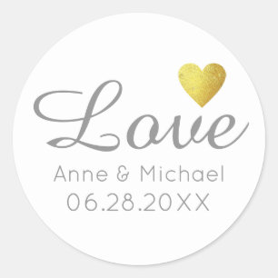 love wedding date with faux gold heart on white  classic round sticker