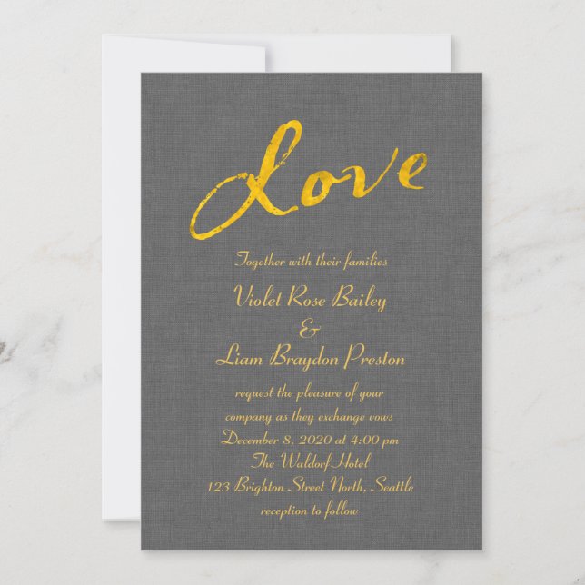 Love Wedding Invitation on Grey Linen (Front)