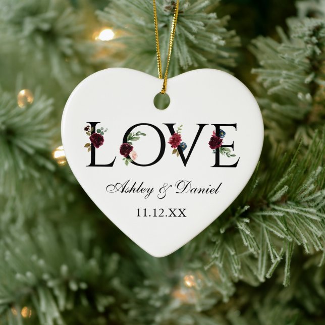 Love Wedding Names Date Burgundy Floral Ceramic Ornament (Tree)