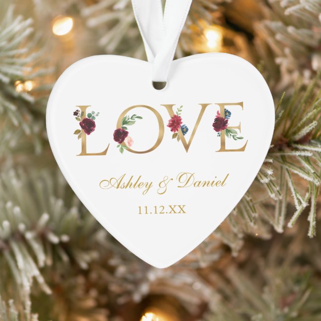 Love Wedding Names Date Burgundy Floral Gold Ornament (Tree)