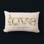 Love Wedding Personalised Names Watercolor Floral Lumbar Cushion<br><div class="desc">Personalised pillow features word art letters in a golden tone with blush and white flowers paired with your names and wedding date.  Elegant to use for your wedding reception or as a bridal shower or wedding gift for a special couple.  Copyright,  Audrey Jeanne Roberts.</div>