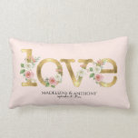 Love Wedding Personalised Names Watercolor Floral Lumbar Cushion<br><div class="desc">Personalised pillow features word art letters in a golden tone with blush and white flowers paired with your names and wedding date.  Elegant to use for your wedding reception or as a bridal shower or wedding gift for a special couple.  Copyright,  Audrey Jeanne Roberts.</div>