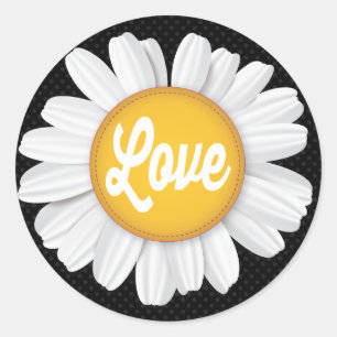Love White Daisy Flower Black Floral Sticker