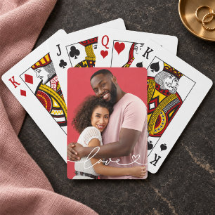 Love White Script Heart Custom Photo Playing Cards