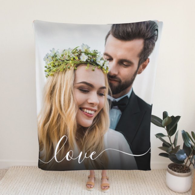 Love White Script Photo Overlay Wedding Fleece Blanket (Creator Uploaded)