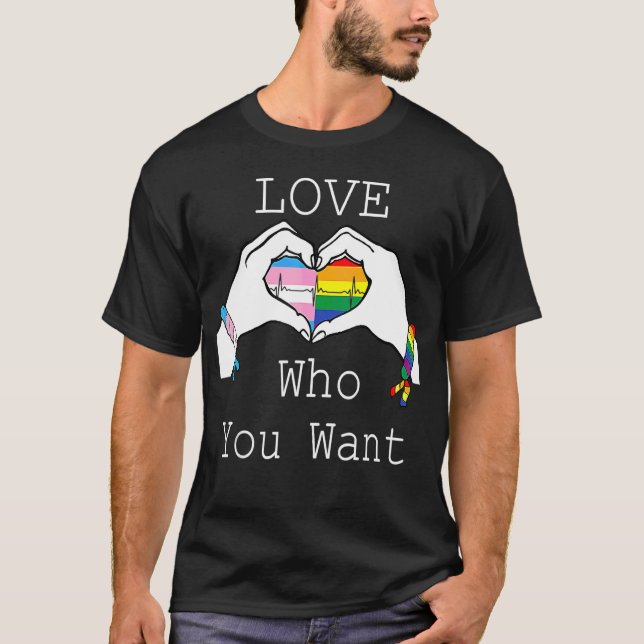Love Who You Want Rainbow Heart Lgbt Gay Lesbian P T-Shirt (Front)