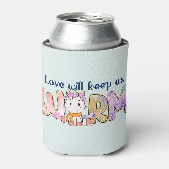 Love Will Keep Us Warm |  Adorable Unicorn Winter Can Cooler (Can Front)