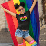 Love Wins Black Rainbow Heart Pride Month T-Shirt<br><div class="desc">Celebrate Pride Month and show love and support for the LGBTQ community with this colourful "Love Wins" black t-shirt design with black modern text and a vibrant 8-colour rainbow heart.</div>