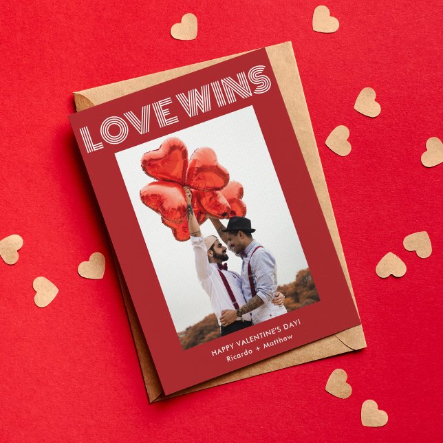 Love Wins Modern Red Typography Photo Valentine's Holiday Card (Creator Uploaded)