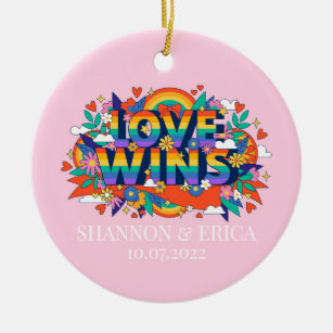 Love Wins Pride LGBTQ Collage Doodle Rainbow Ceramic Ornament