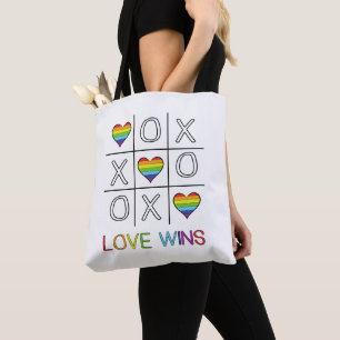 Love wins rainbow gay pride heart tic tac toe grid tote bag