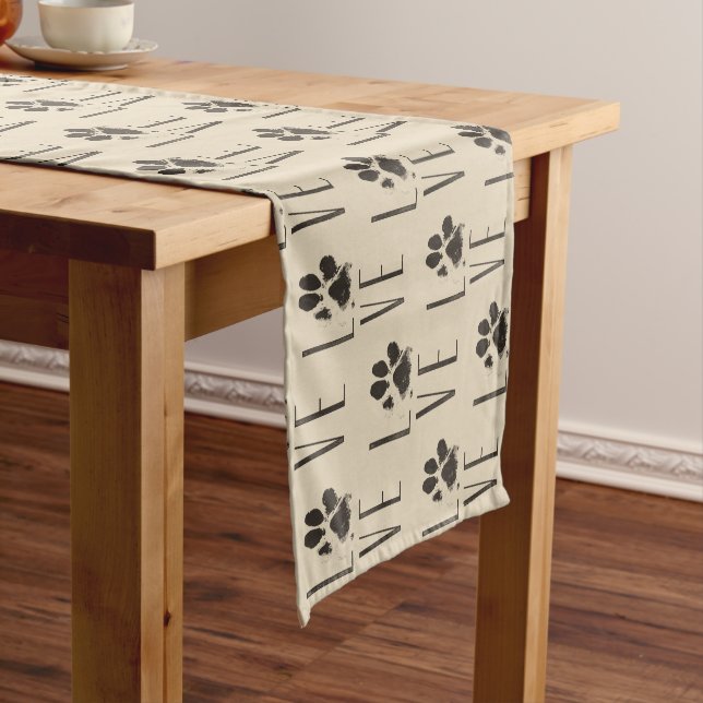 Love with  Brown Grunge Pet Paw Print Pattern Short Table Runner (In Situ)