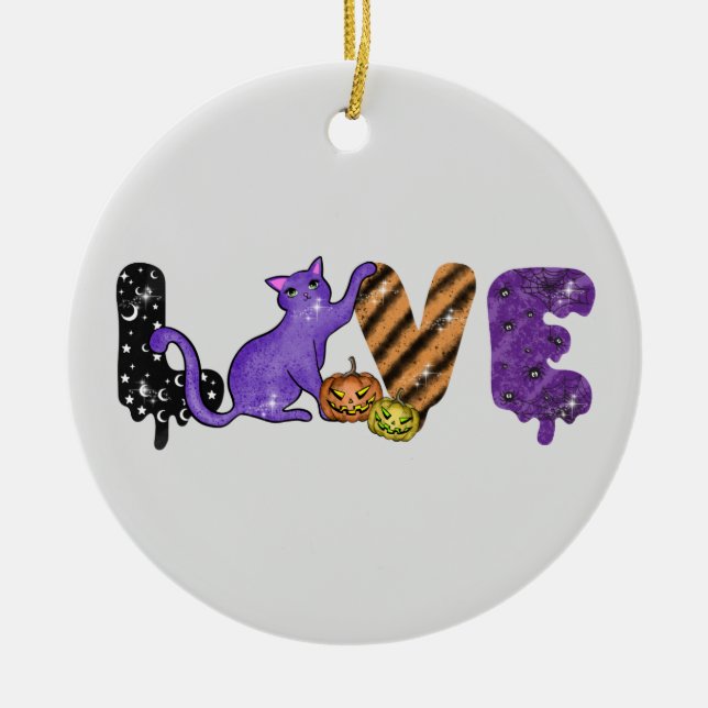 Love with Cute Cat for Halloween Ceramic Ornament (Front)