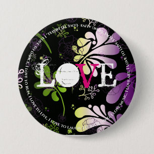 Love, with fun text edge on floral background 7.5 cm round badge