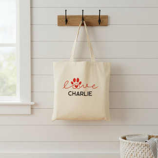 Love with Pet Paw, Heart and Custom Name Tote Bag