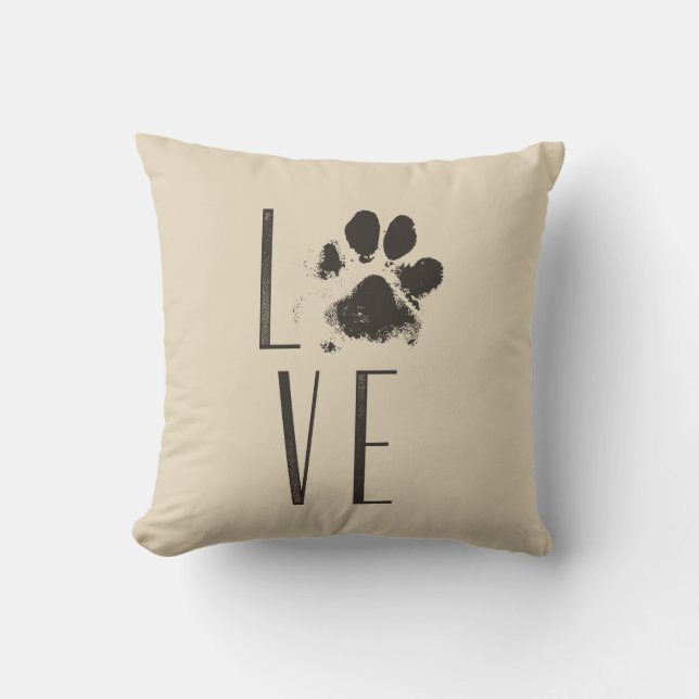 Love with Pet Paw Print Brown Grunge Typography Cushion (Front)
