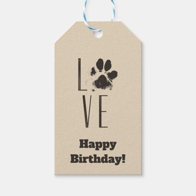 Love with Pet Paw Print Brown Grunge Typography Gift Tags (Front)