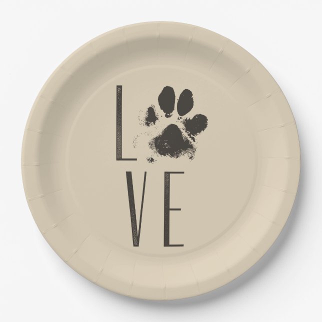 Love with Pet Paw Print Brown Grunge Typography Paper Plate (Front)
