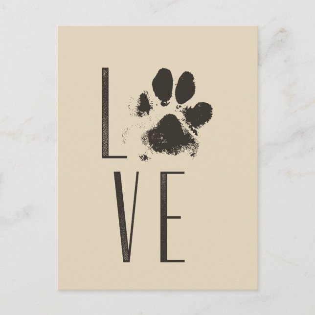 Love with Pet Paw Print Brown Grunge Typography Postcard (Front)