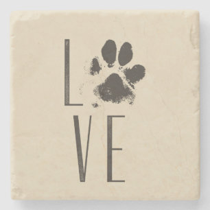 Love with Pet Paw Print Brown Grunge Typography Stone Coaster